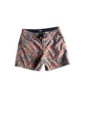 Banks Men's Paisley Print Swim Trunks - Coral & Navy Blue Size 34”